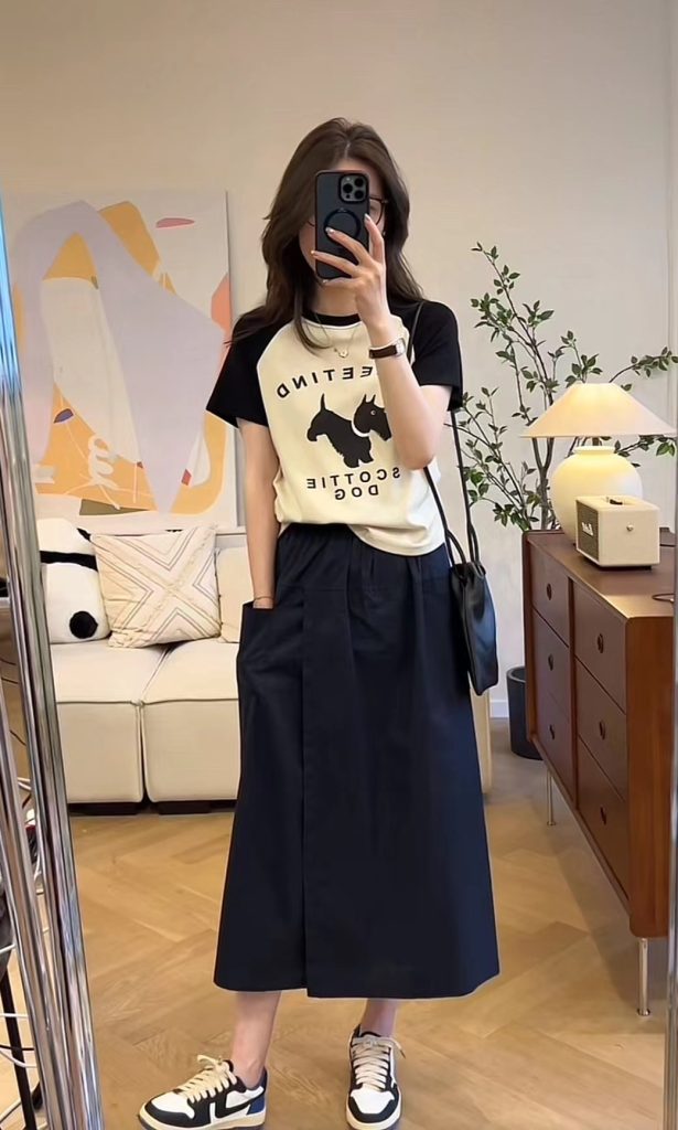 Color Block Cat T-Shirt and Skirt Set