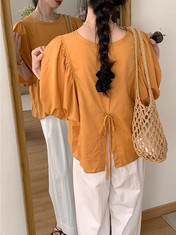 Summer Casual Versatile Puff Sleeve Back Detail Top - Image 4