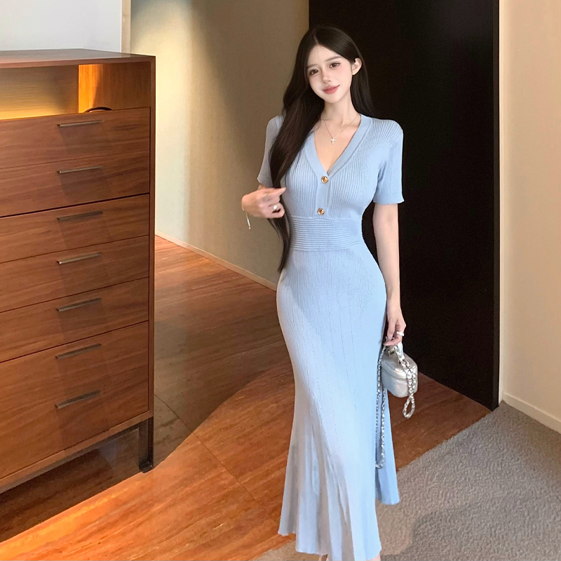 Summer New Style Small Fragrance Fishtail Knit Dress Short Sleeve V Neck Bodycon Midi Dress High End