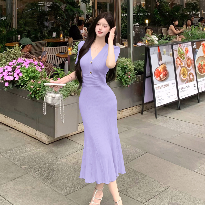 Summer New Style Small Fragrance Fishtail Knit Dress Short Sleeve V Neck Bodycon Midi Dress High End - Image 2