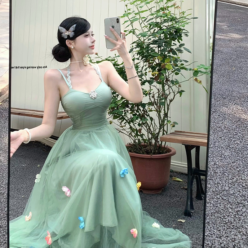 Mint Green Mesh Halter Strap Dress for Women Summer 2025 Embroidered Long Dress