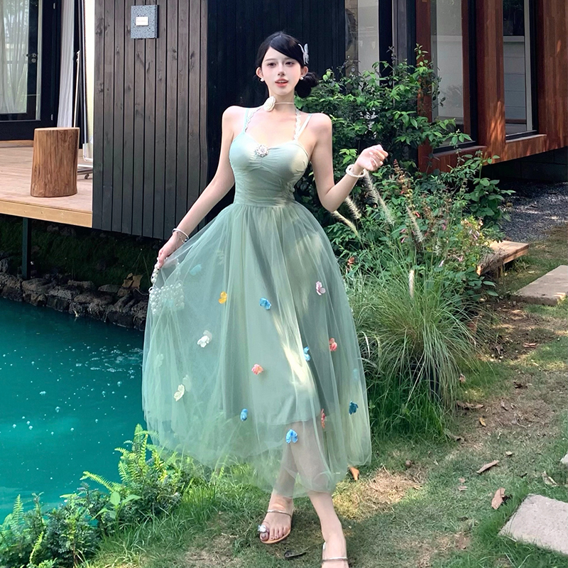 Mint Green Mesh Halter Strap Dress for Women Summer 2025 Embroidered Long Dress - Image 2