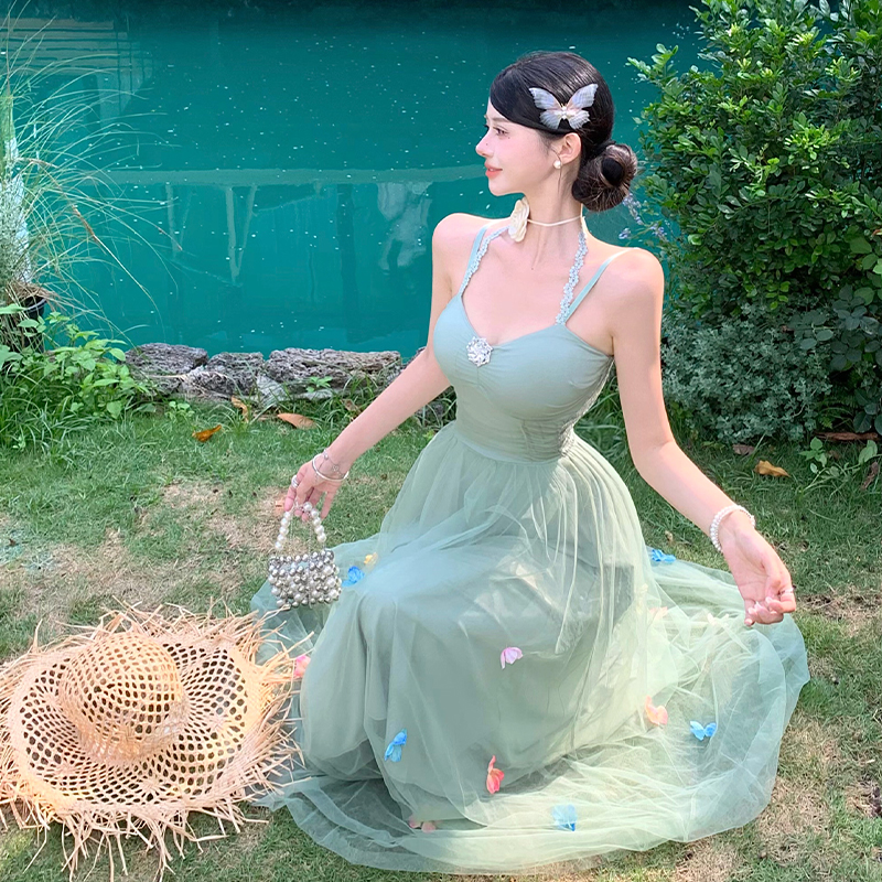 Mint Green Mesh Halter Strap Dress for Women Summer 2025 Embroidered Long Dress - Image 4