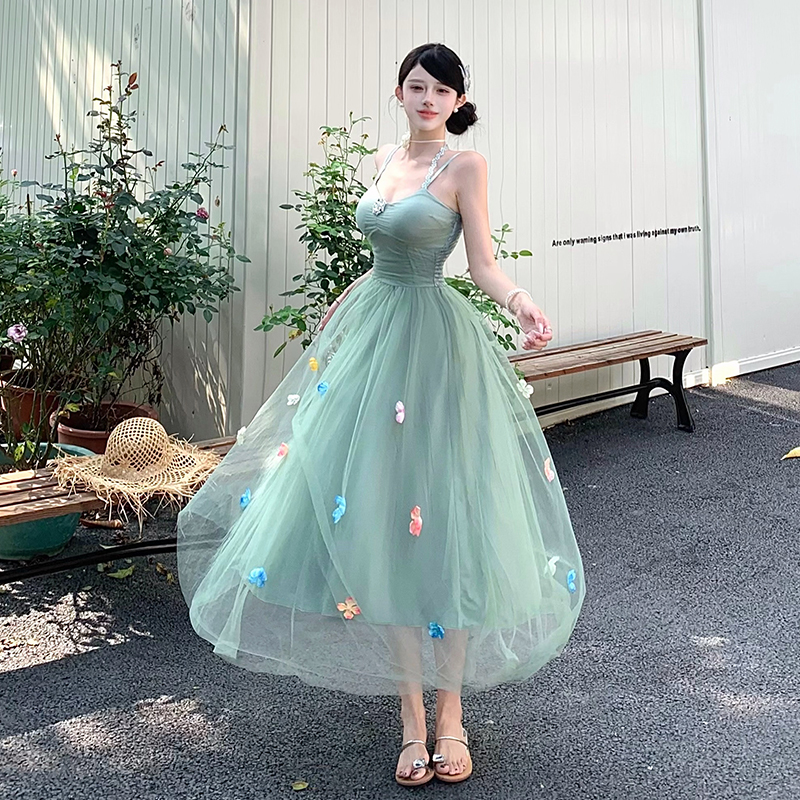 Mint Green Mesh Halter Strap Dress for Women Summer 2025 Embroidered Long Dress - Image 3