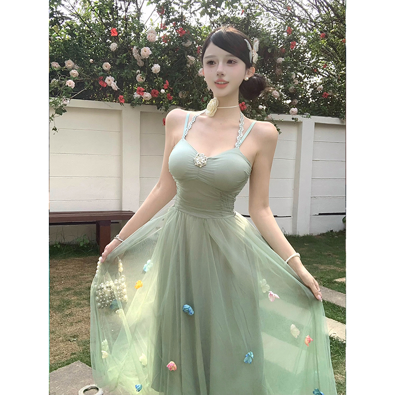 Mint Green Mesh Halter Strap Dress for Women Summer 2025 Embroidered Long Dress - Image 5