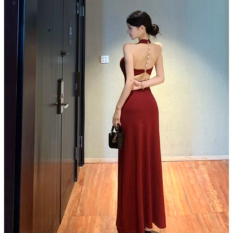 French Style V Neck Open Back Halter Bodycon Dress