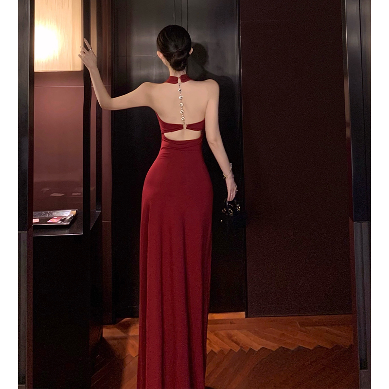 French Style V Neck Open Back Halter Bodycon Dress - Image 5