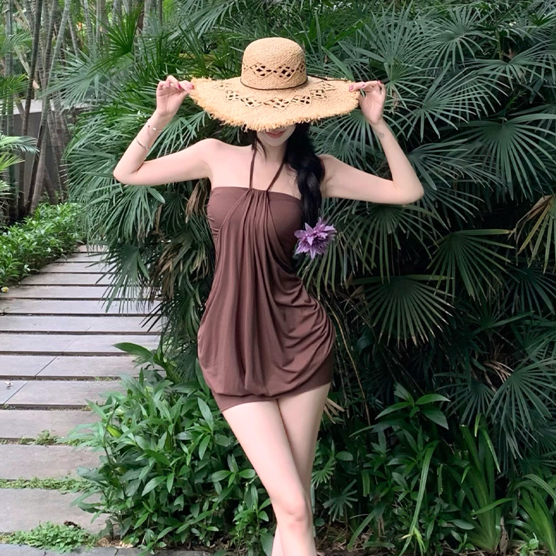 Women's Halter Strapless Bodycon Lantern Dress with Cinched Waist and Layered Drape Short Summer Dress - Image 3