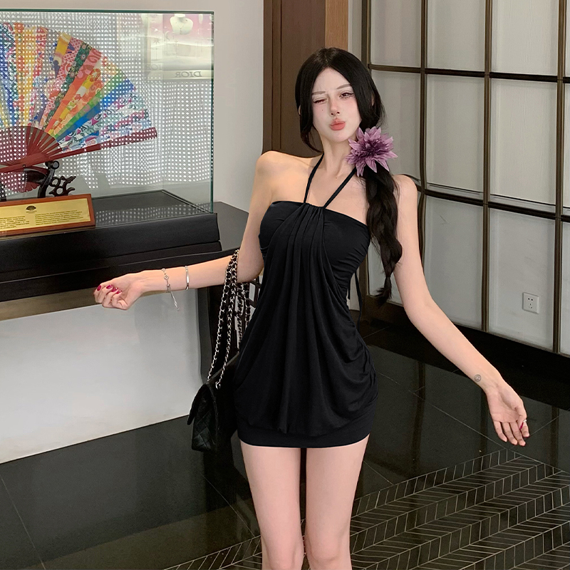 Women's Halter Strapless Bodycon Lantern Dress with Cinched Waist and Layered Drape Short Summer Dress - Image 4