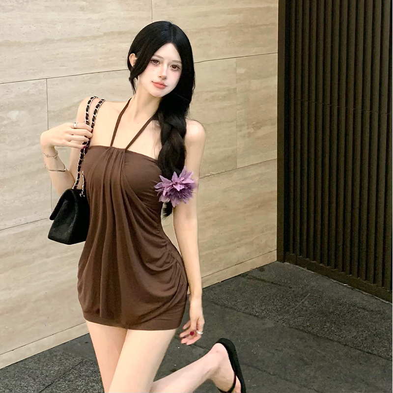 Women's Halter Strapless Bodycon Lantern Dress with Cinched Waist and Layered Drape Short Summer Dress - Image 5