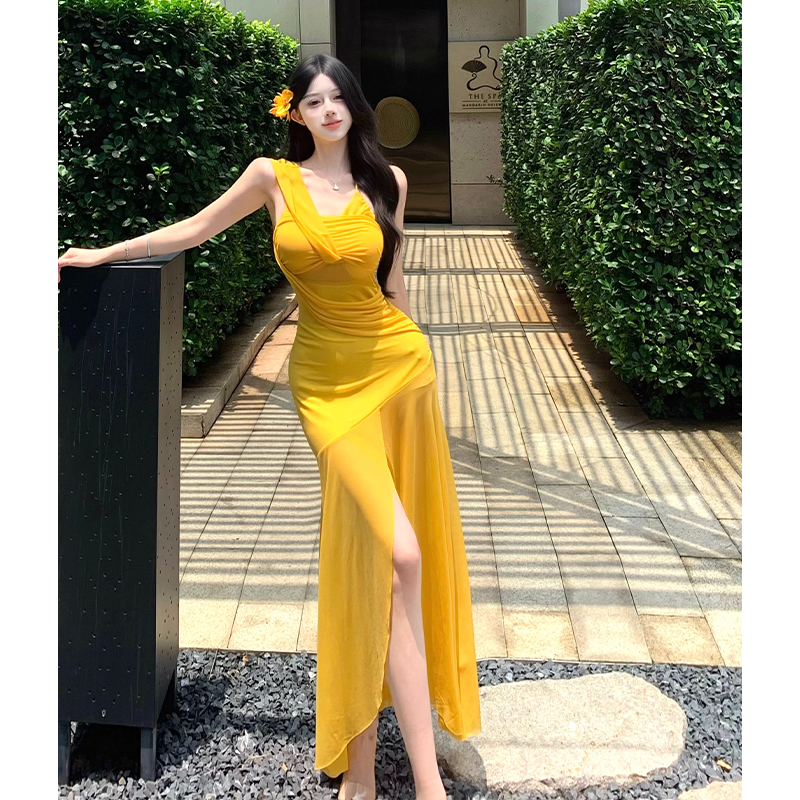 Yellow V-Neck Mesh Ruched Irregular Cami Long Dress Summer Beach Vacation French Style - Style 52f514 - Image 2