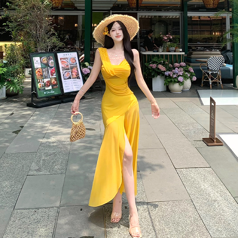 Yellow V-Neck Mesh Ruched Irregular Cami Long Dress Summer Beach Vacation French Style - Style 52f514 - Image 4