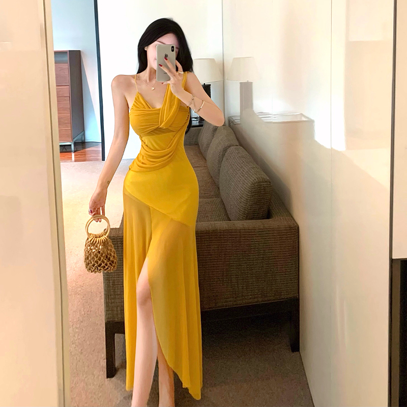 Yellow V-Neck Mesh Ruched Irregular Cami Long Dress Summer Beach Vacation French Style - Style 52f514 - Image 5