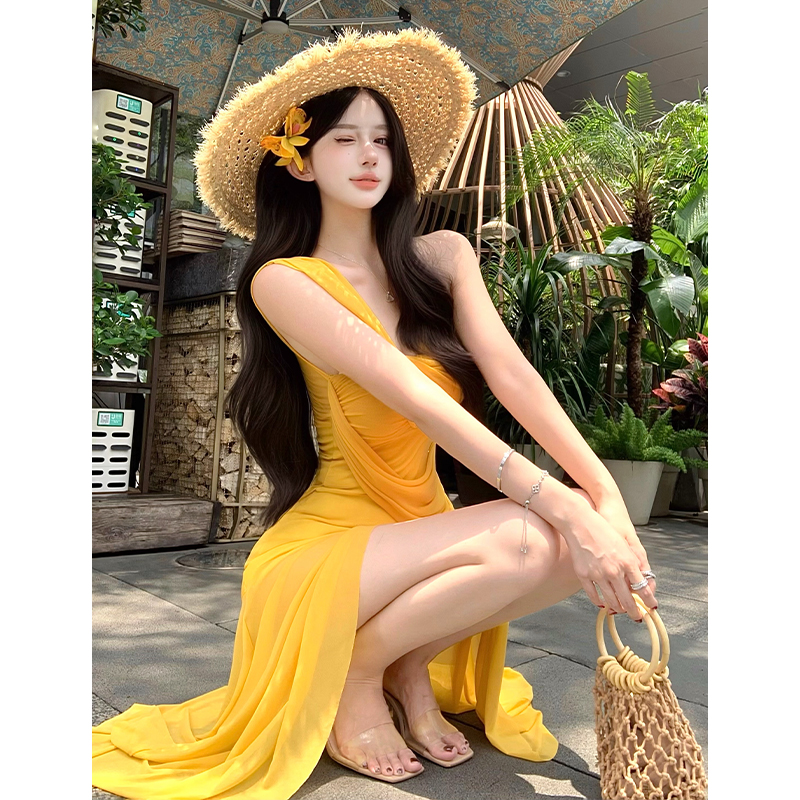 Yellow V-Neck Mesh Ruched Irregular Cami Long Dress Summer Beach Vacation French Style - Style 52f514 - Image 3