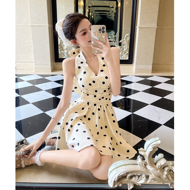 Summer French Style Polka Dot Halter Dress with Bra Pads Slim Waist A-Line Short Dress - Image 3