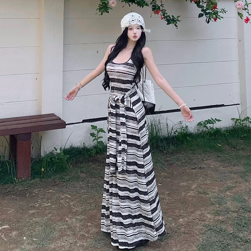 Kendou Illusion Two-Piece Striped Tie Sleeveless Vest Dress Black and White Color Block Long Dress Women Summer Slimming Trendy - Image 2