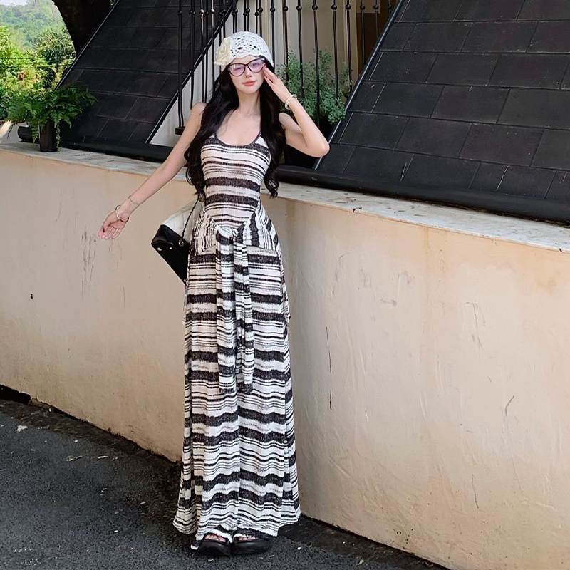 Kendou Illusion Two-Piece Striped Tie Sleeveless Vest Dress Black and White Color Block Long Dress Women Summer Slimming Trendy - Image 3