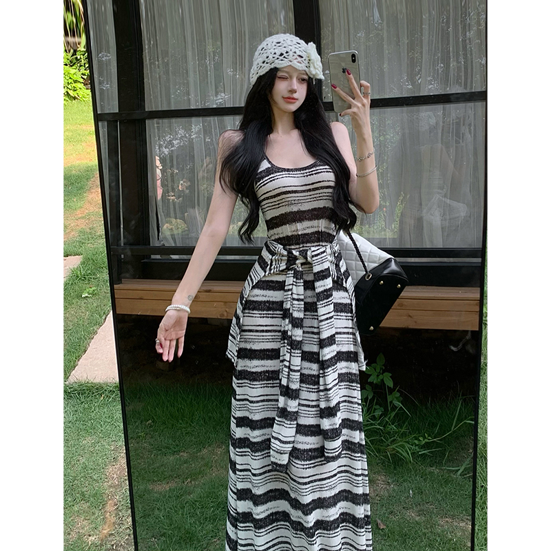 Kendou Illusion Two-Piece Striped Tie Sleeveless Vest Dress Black and White Color Block Long Dress Women Summer Slimming Trendy - Image 5