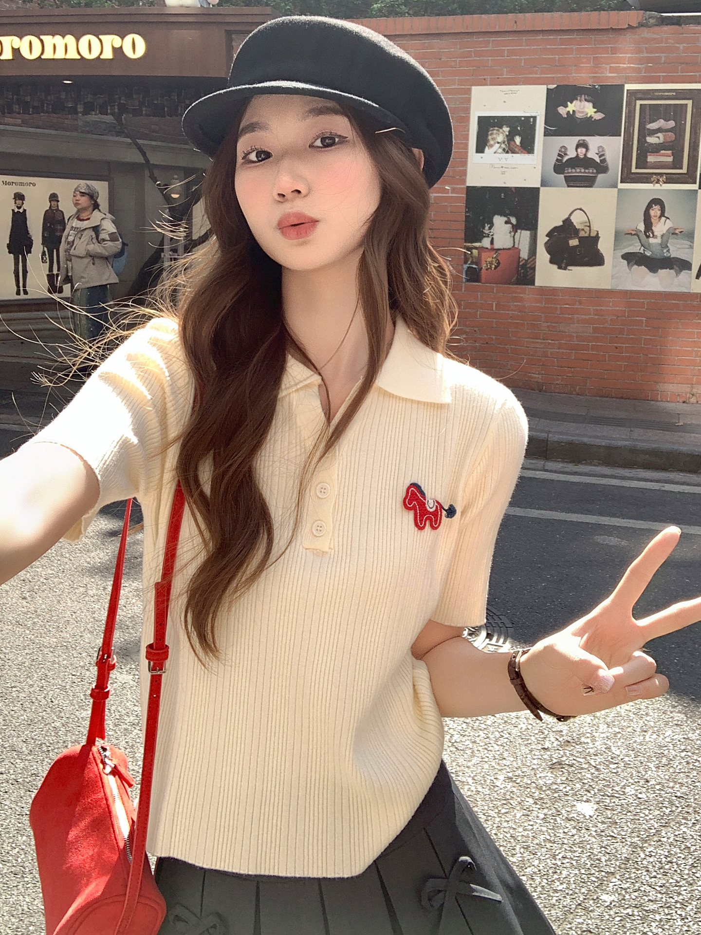 Cartoon Embroidered Polo Neck Button Short Sleeve Knit Top Women 2026 Early Spring Slim Fit Cropped - Image 2