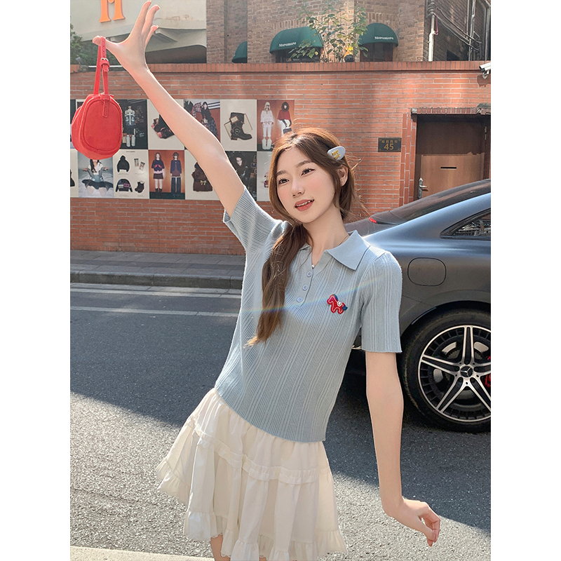 Cartoon Embroidered Polo Neck Button Short Sleeve Knit Top Women 2026 Early Spring Slim Fit Cropped - Image 5