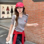 Women's Embroidered Polo Neck Short Sleeve Knit Top 2026 Spring Slim Fit Commuter Style