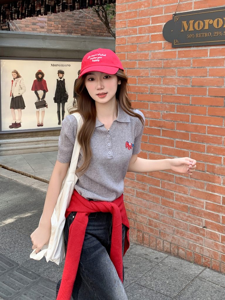Women's Embroidered Polo Neck Short Sleeve Knit Top 2026 Spring Slim Fit Commuter Style