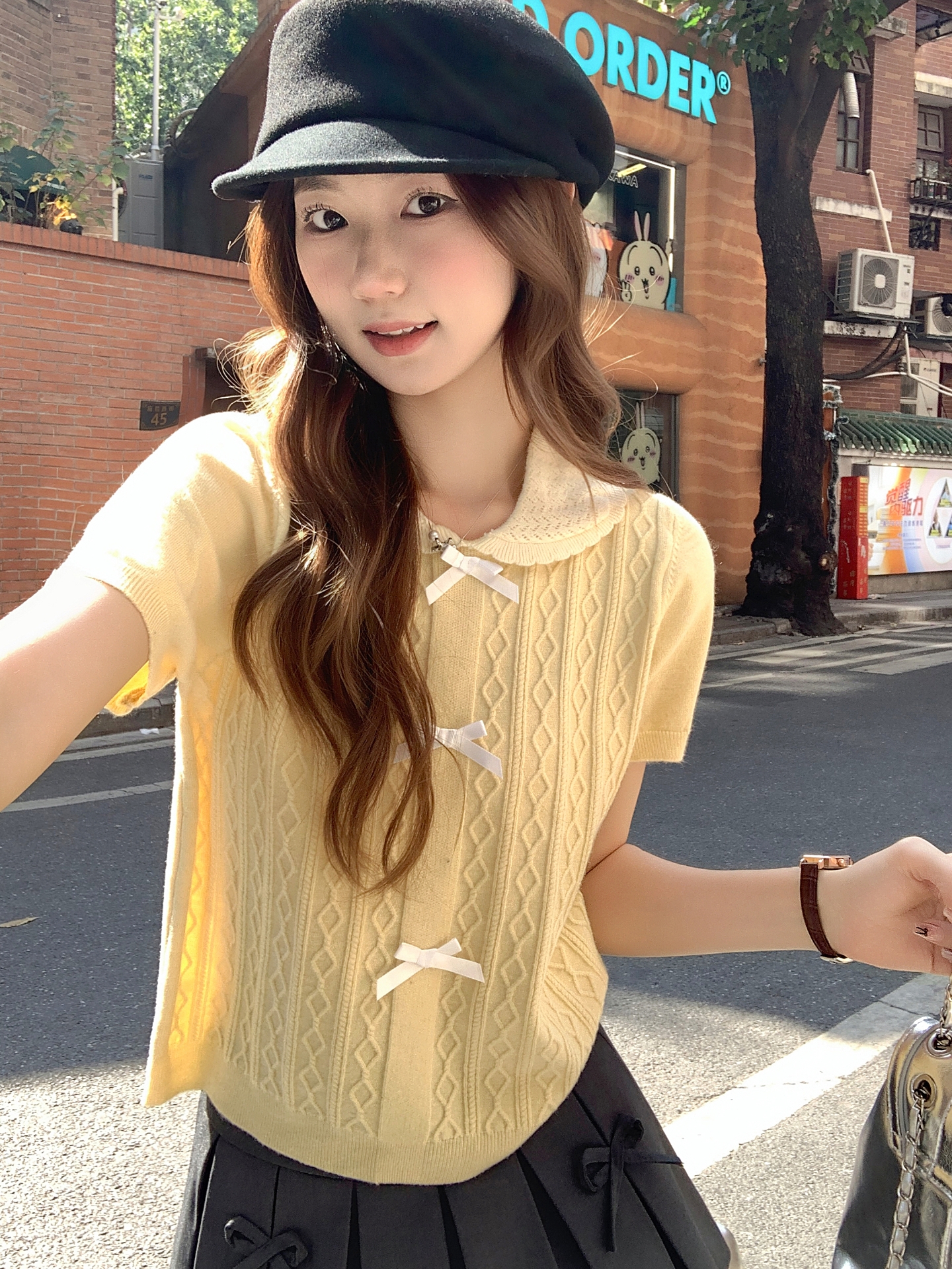 Sweet Doll Collar Bow Short Sleeve Knit Top for Women 2026 Color Block Slimming Design - Image 2
