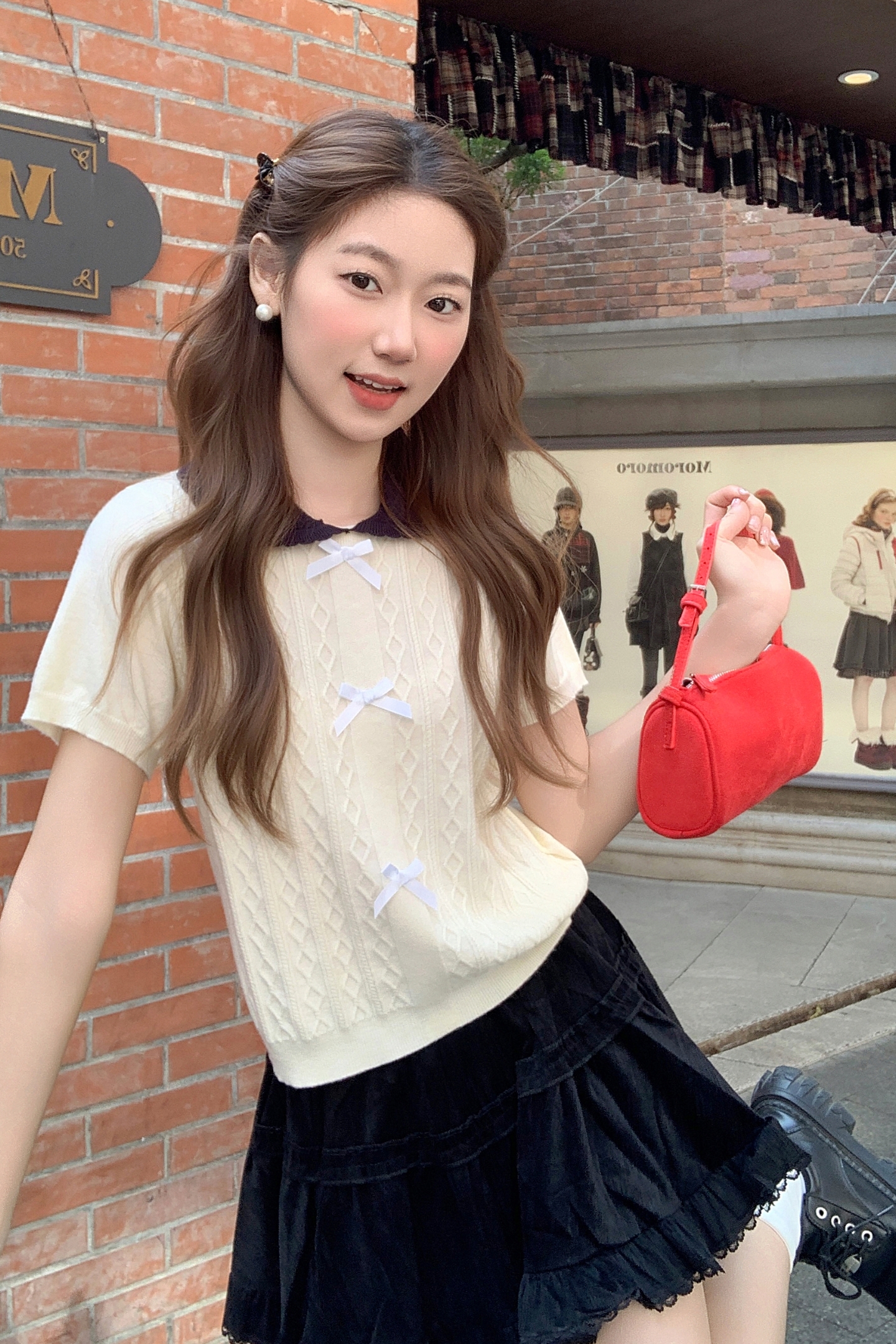 Sweet Doll Collar Bow Short Sleeve Knit Top for Women 2026 Color Block Slimming Design - Image 4