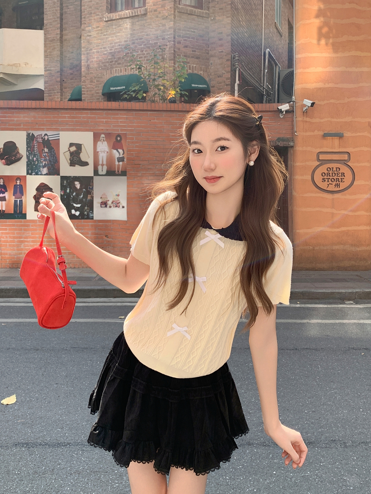 Sweet Doll Collar Bow Short Sleeve Knit Top for Women 2026 Color Block Slimming Design - Image 3