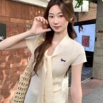 Korean Style V-Neck Lace-Up Embroidered Slim Knit Top for Women 2026