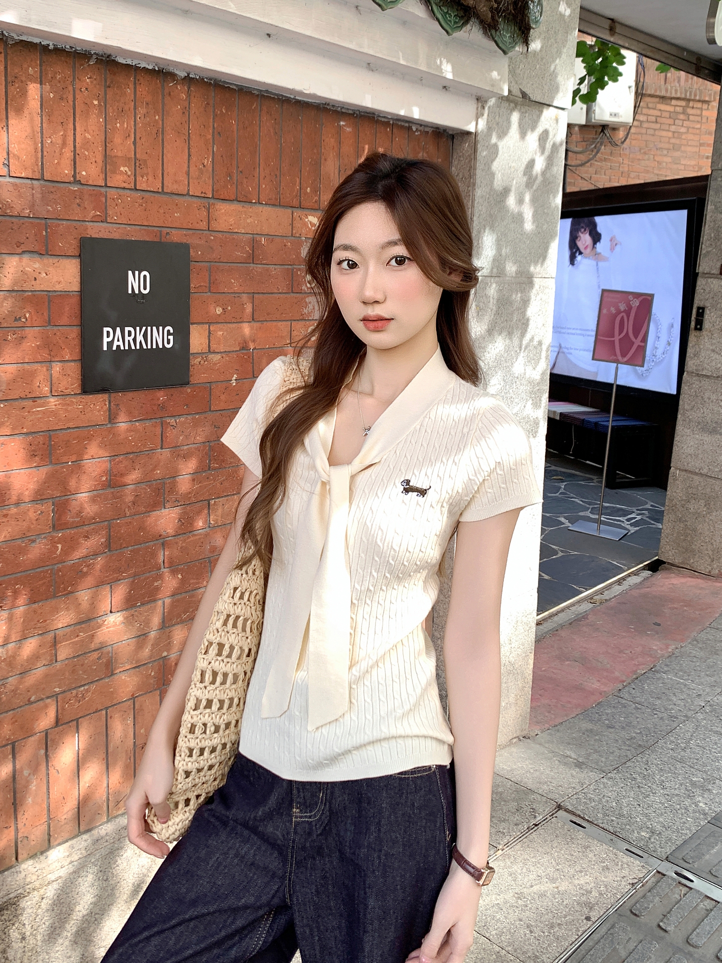 Korean Style V-Neck Lace-Up Embroidered Slim Knit Top for Women 2026 - Image 2