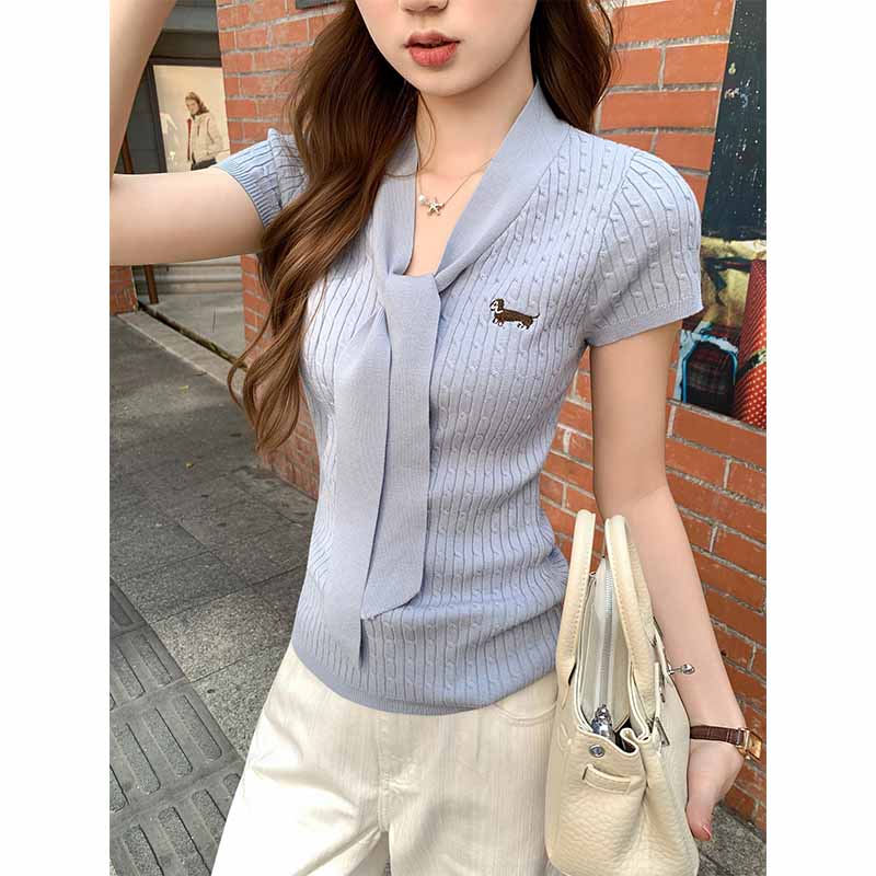 Korean Style V-Neck Lace-Up Embroidered Slim Knit Top for Women 2026 - Image 5