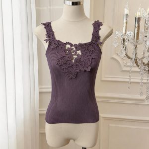 Women's Off-Shoulder Camisole Tank Top with Contrast Embroidery