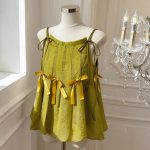 French Style Linen Camisole with Bow Sleeveless Puff Shirt for Women Summer