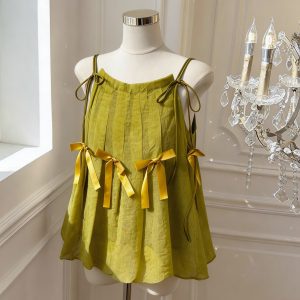 French Style Linen Camisole with Bow Sleeveless Puff Shirt for Women Summer