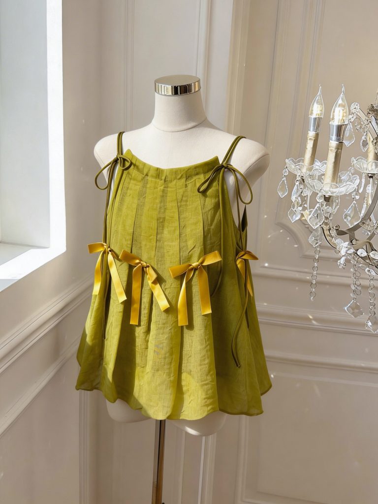 French Style Linen Camisole with Bow Sleeveless Puff Shirt for Women Summer