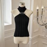 Sleeveless Half Turtleneck Metal Button Knit Slim Striped Crop Top - Style 2a78de