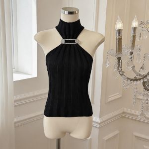 Sleeveless Half Turtleneck Metal Button Knit Slim Striped Crop Top - Style 2a78de