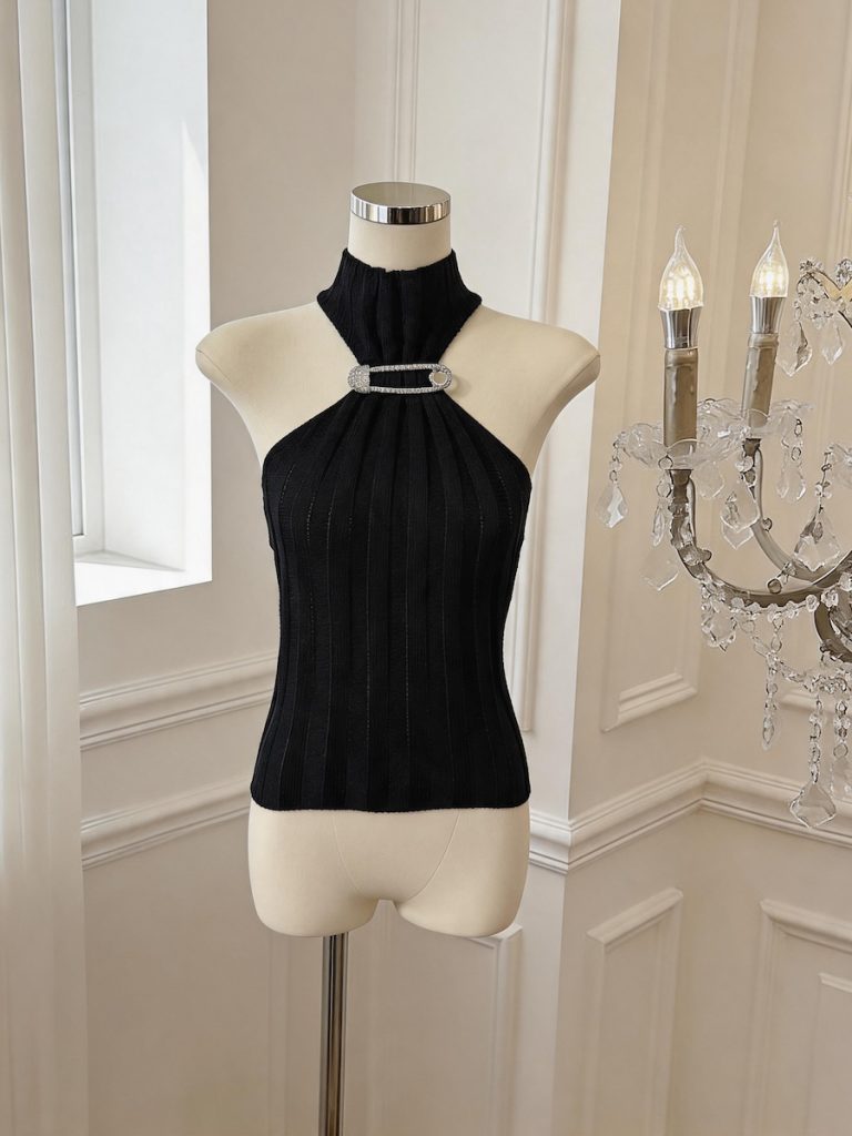 Sleeveless Half Turtleneck Metal Button Knit Slim Striped Crop Top - Style 2a78de