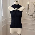 Women's Sleeveless Halter Knit Tank Top with Rhinestone Detail - Style a1ecef