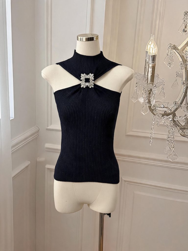 Women's Sleeveless Halter Knit Tank Top with Rhinestone Detail - Style a1ecef