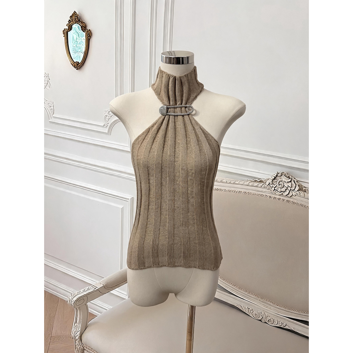 Sleeveless Half Turtleneck Metallic Button Knit Slim Striped Short Top - Image 5