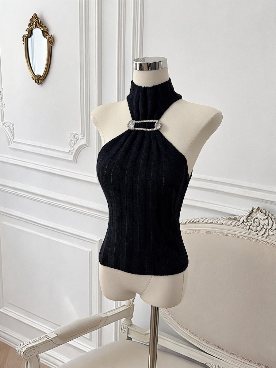 Sleeveless Half Turtleneck Metallic Button Knit Slim Striped Short Top - Image 3