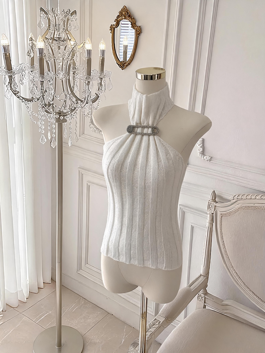 Sleeveless Half Turtleneck Metallic Button Knit Slim Striped Short Top - Image 4