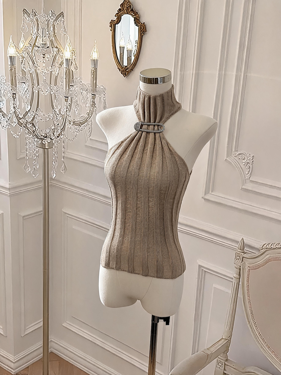 Sleeveless Half Turtleneck Metallic Button Knit Slim Striped Short Top - Image 2