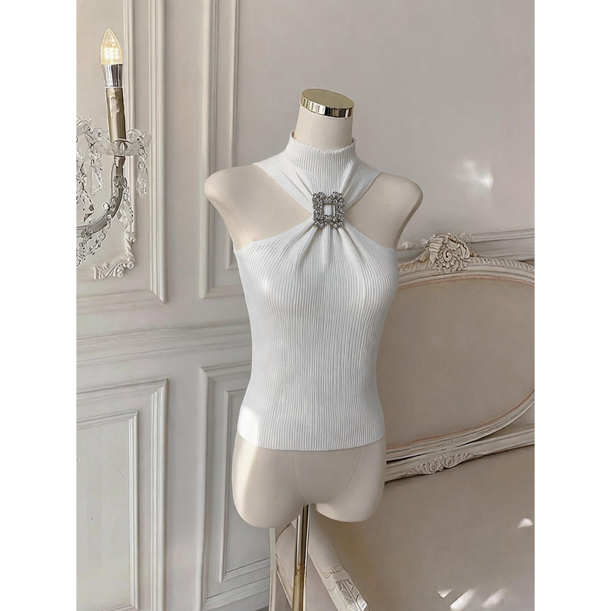 Women's Sleeveless Halter Knit Tank Top with Rhinestone Detail - Style 2a8f13 - Image 5