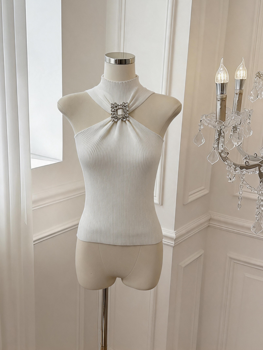 Women's Sleeveless Halter Knit Tank Top with Rhinestone Detail - Style 2a8f13 - Image 3