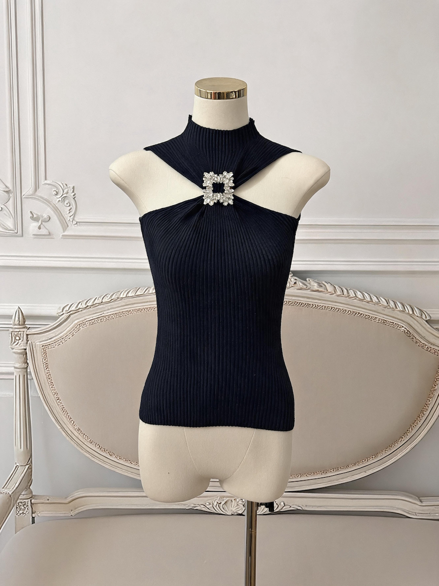 Women's Sleeveless Halter Knit Tank Top with Rhinestone Detail - Style 2a8f13 - Image 2