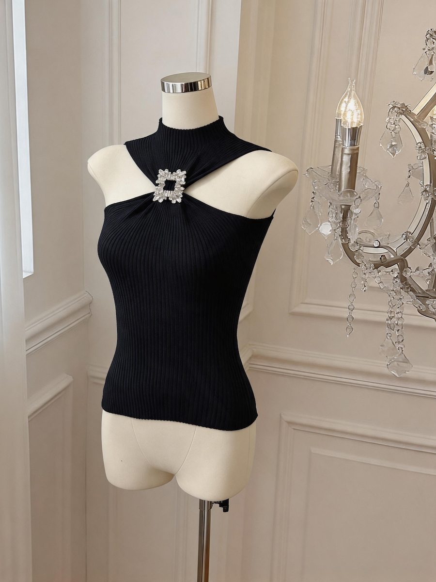 Women's Sleeveless Halter Knit Tank Top with Rhinestone Detail - Style 2a8f13 - Image 4
