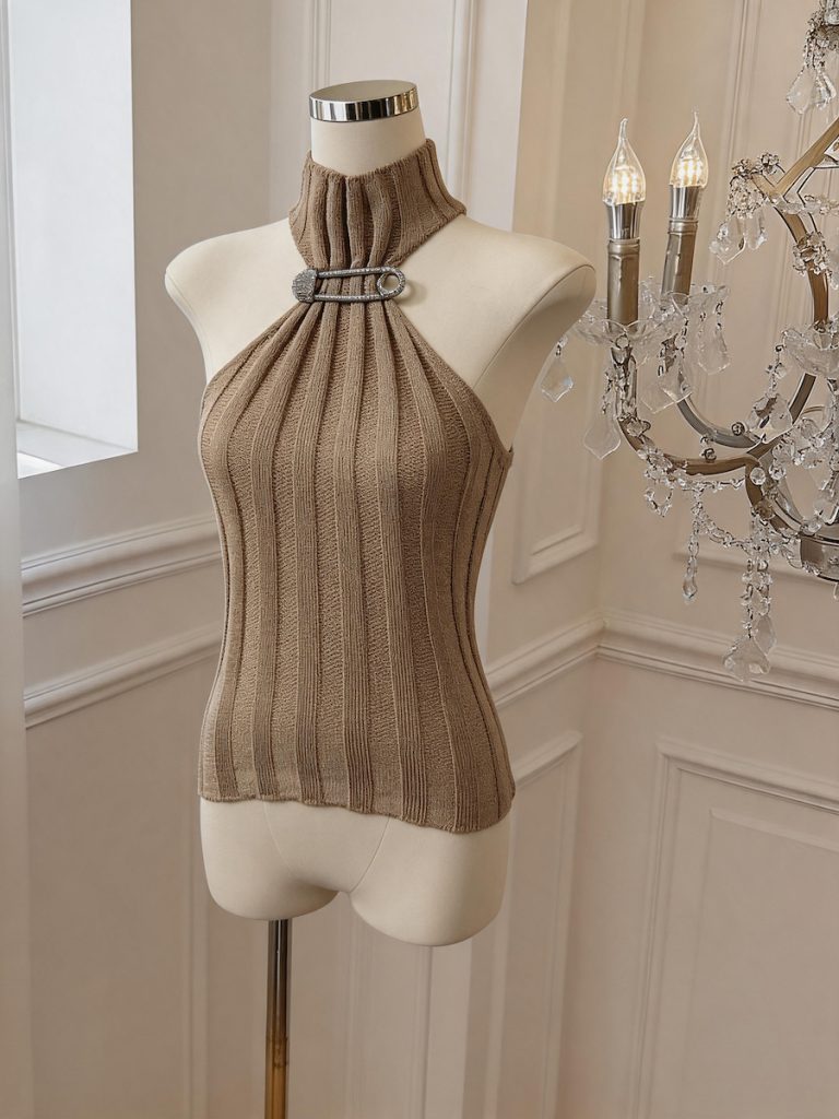 Sleeveless Half Turtleneck Striped Knit Top with Metal Buttons